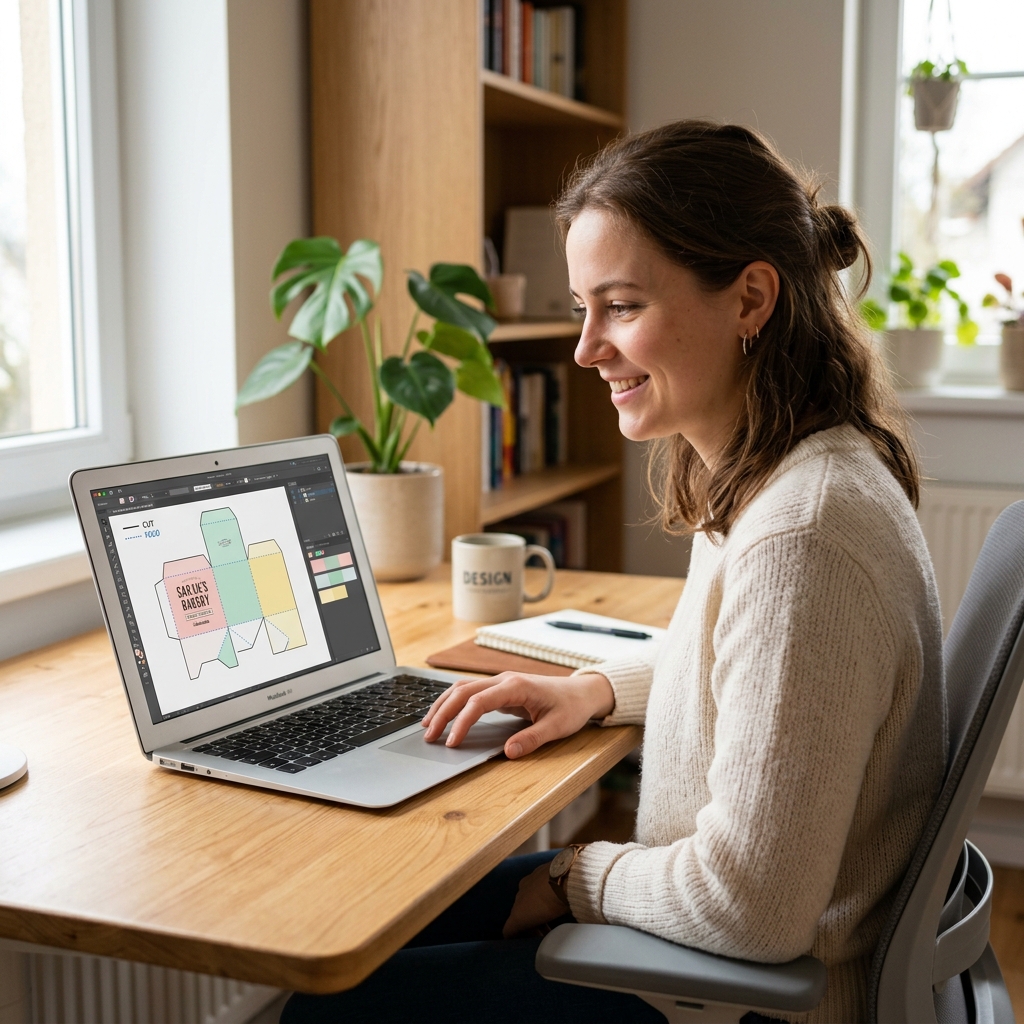 Mamá personalizando el diseño de una cajita en su laptop