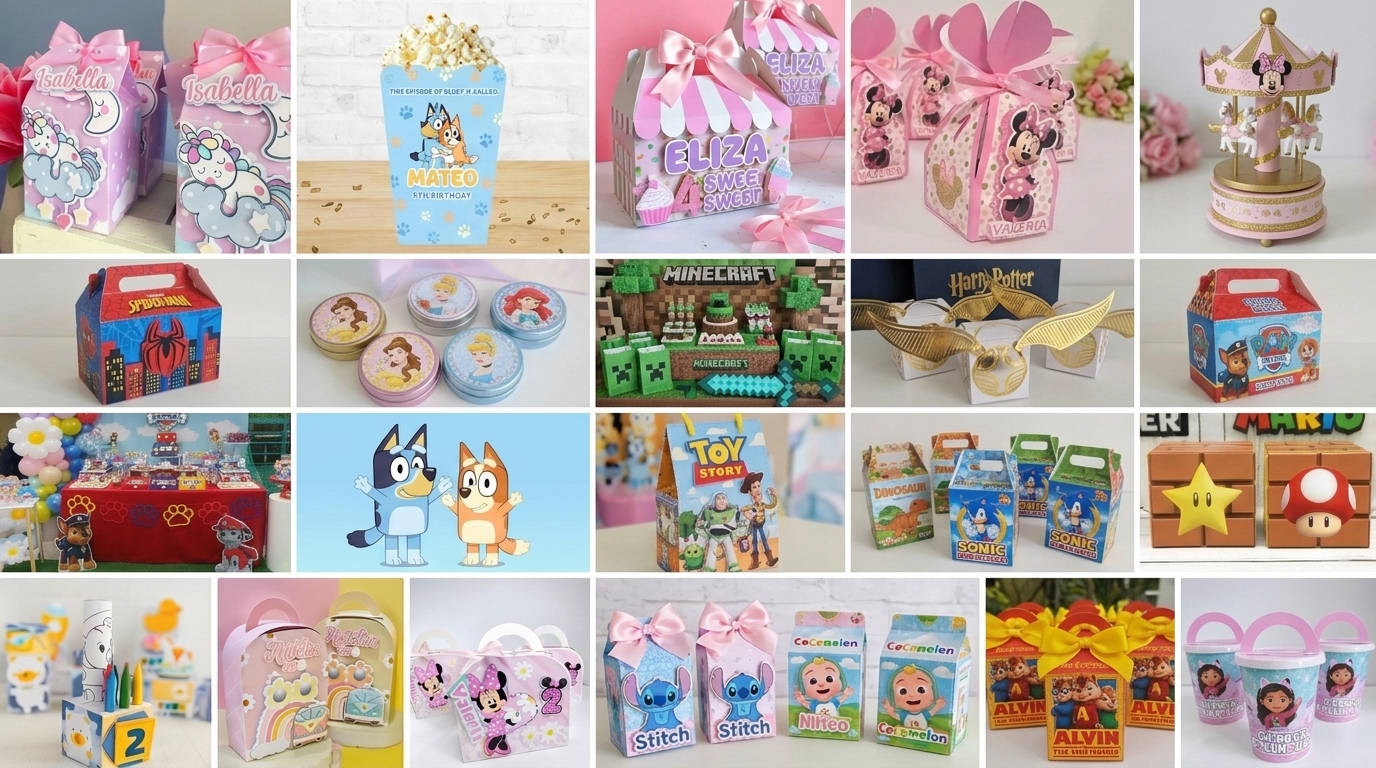 Colección real de plantillas imprimibles: cajitas, stickers, toppers y papelería creativa para fiestas infantiles