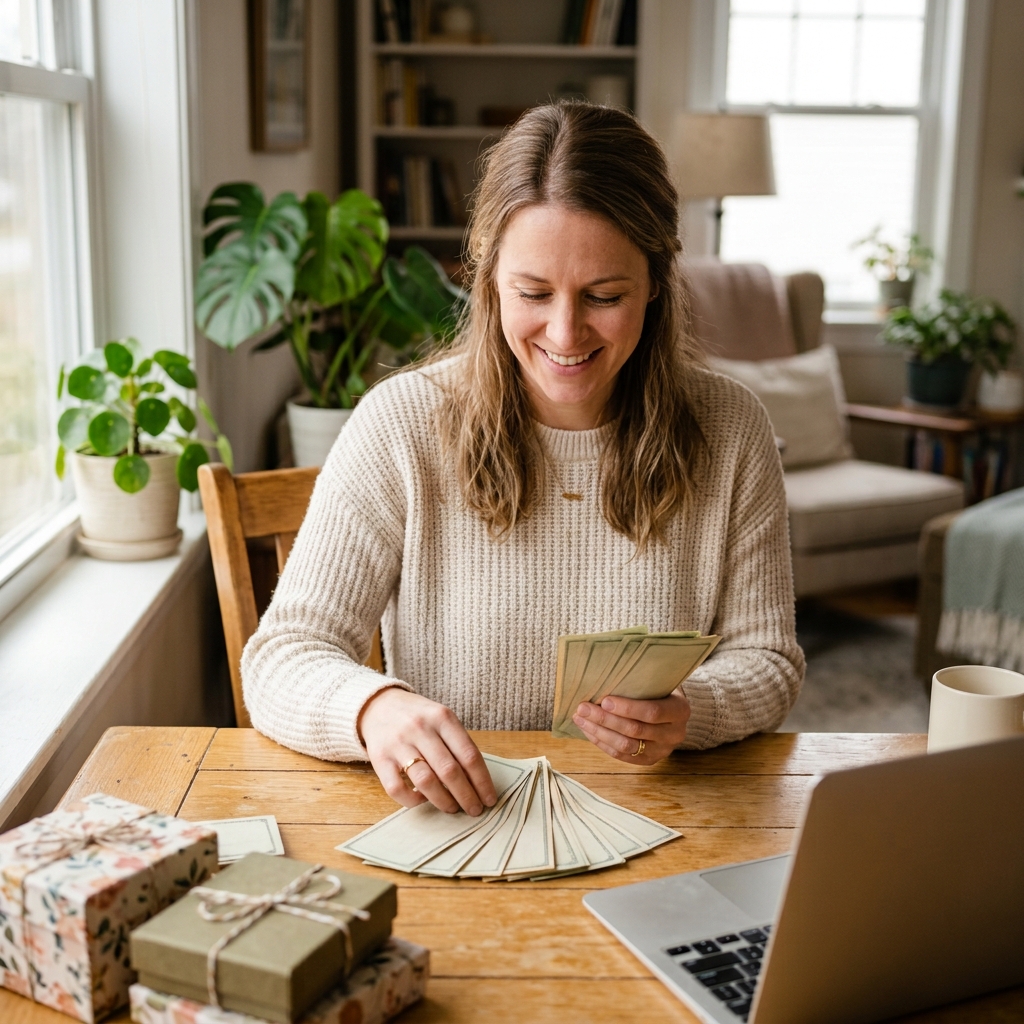 Mamá contando dinero de su emprendimiento