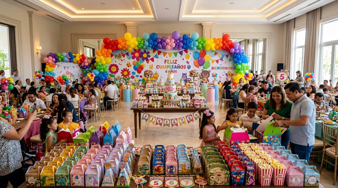 Mesa de fiesta infantil real decorada con cajitas imprimibles de Arma tu Caja y familias celebrando al fondo